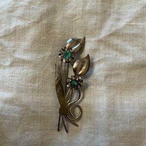Floral Silver and Turquoise Glass Brooch